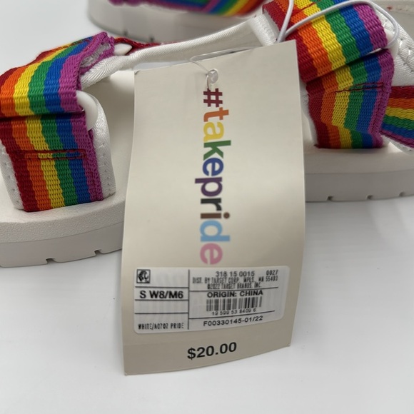 NWT Striped Rainbow Adjustable Strap White Sandals - Size W8/M6 - Picture 7 of 9